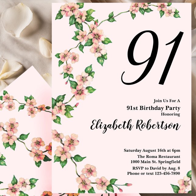 Floral 91st Birthday Invitation in Blush Pink (Creator Uploaded)