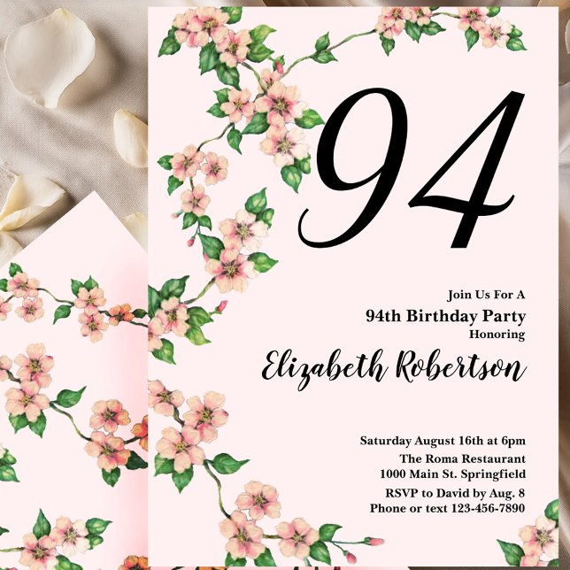 Floral 94th Birthday Invitation in Blush Pink (Creator Uploaded)
