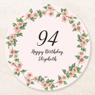 Floral 94th Birthday Pretty Blush Pink Round Paper Coaster