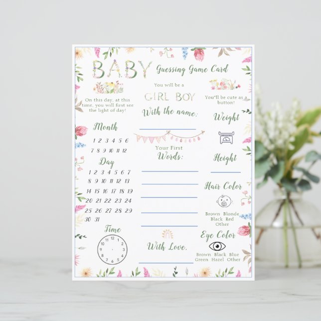 Floral ABC Alphabet Baby Shower Guessing Game (Standing Front)