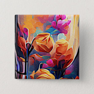 Floral Abstract Art Orange Red Blue Flowers 15 Cm Square Badge