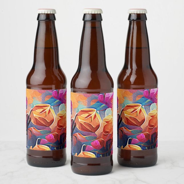 Floral Abstract Art Orange Red Blue Flowers Beer Bottle Label (Bottles)