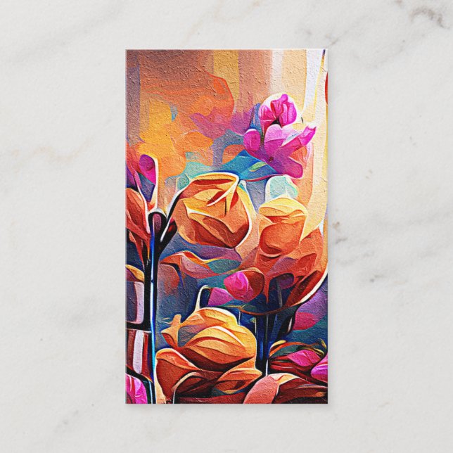 Floral Abstract Art Orange Red Blue Flowers Business Card (Front)