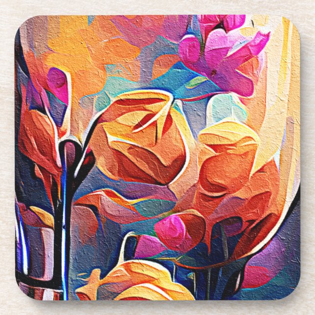 Floral Abstract Art Orange Red Blue Flowers Coaster (Front)