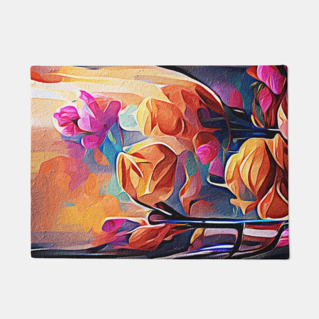 Floral Abstract Art Orange Red Blue Flowers Doormat (Front)