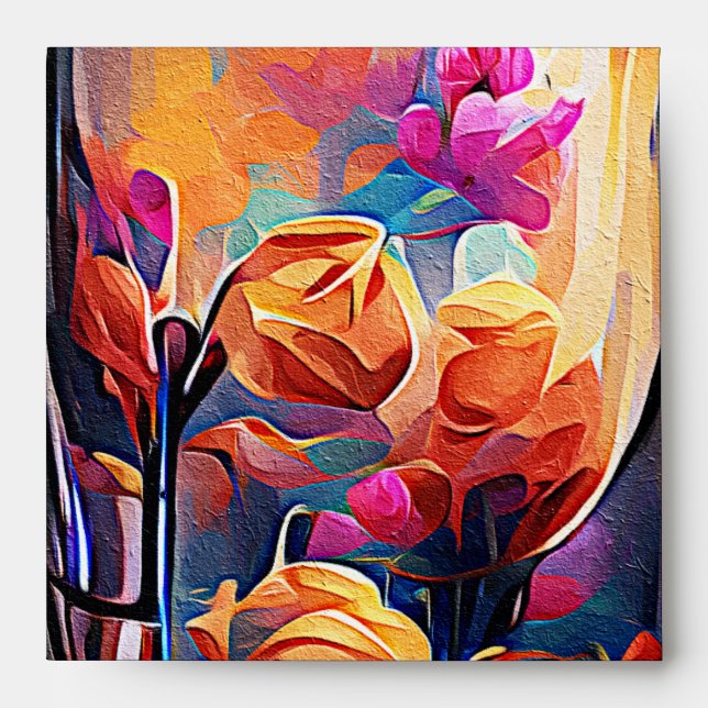 Floral Abstract Art Orange Red Blue Flowers Envelope (Front)