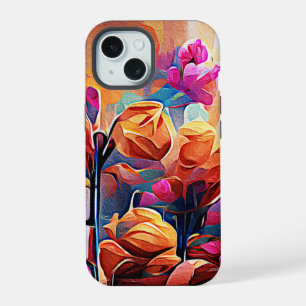 Floral Abstract Art Orange Red Blue Flowers iPhone 15 Case