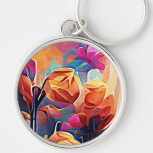 Floral Abstract Art Orange Red Blue Flowers Key Ring