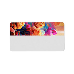 Floral Abstract Art Orange Red Blue Flowers Label