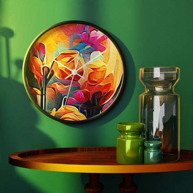Floral Abstract Art Orange Red Blue Flowers Large Clock (Floral Abstract Art Orange Red Blue Flowers Clock)