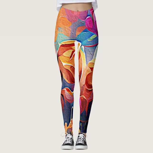 Floral Abstract Art Orange Red Blue Flowers Leggings (Front)
