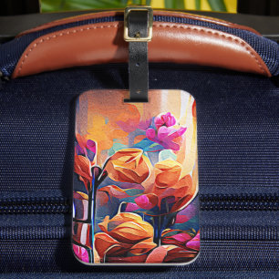 Floral Abstract Art Orange Red Blue Flowers Luggage Tag