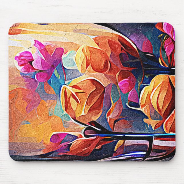 Floral Abstract Art Orange Red Blue Flowers Mouse Pad (Front)