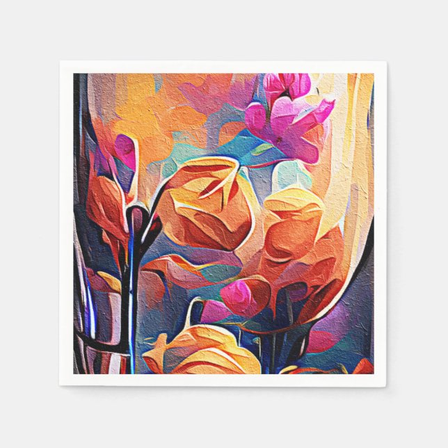 Floral Abstract Art Orange Red Blue Flowers Napkin (Front)
