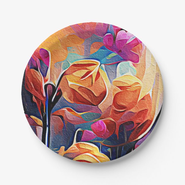 Floral Abstract Art Orange Red Blue Flowers Paper Plate (Front)