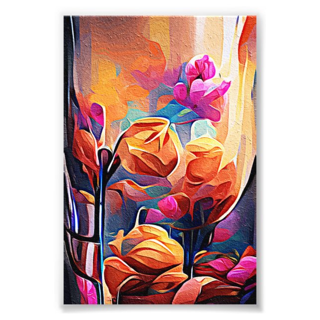 Floral Abstract Art Orange Red Blue Flowers Photo Print (Front)