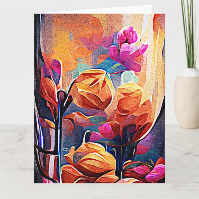 Floral Abstract Art Orange Red Blue Flowers Thank You Card (Front)