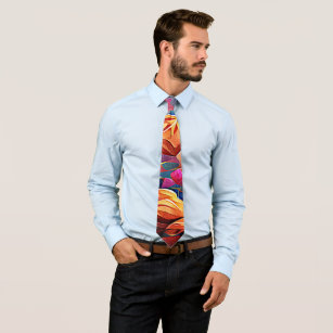 Floral Abstract Art Orange Red Blue Flowers Tie