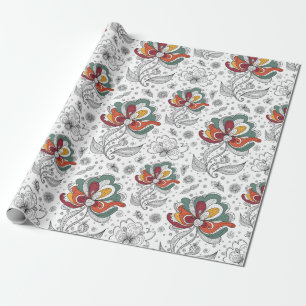 Floral Abstract Doodle Art Style Green Red Yellow Wrapping Paper