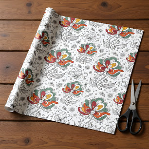 Floral Abstract Doodle Art Style Green Red Yellow  Wrapping Paper