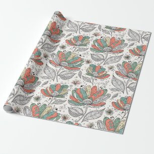 Floral Abstract Doodle Art Style Peach Green Beige Wrapping Paper