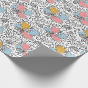 Floral Abstract Doodle Art Style Pink Blue Yellow Wrapping Paper
