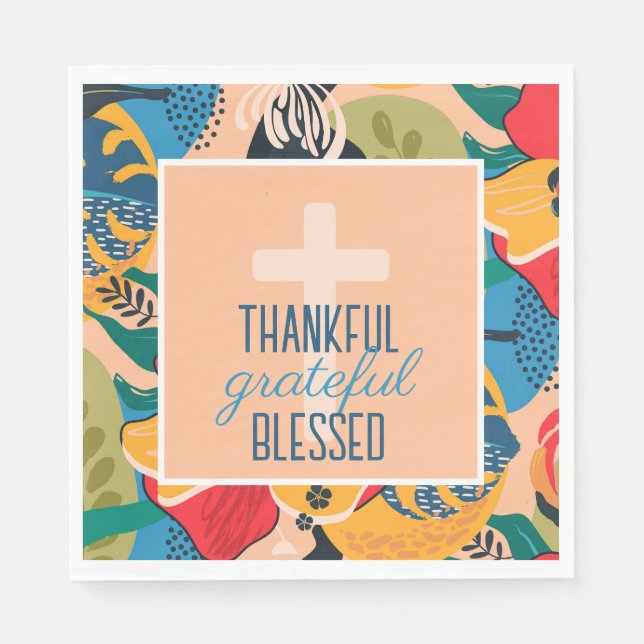 Floral Abstract Thankful Grateful Blessed Napkin (Front)