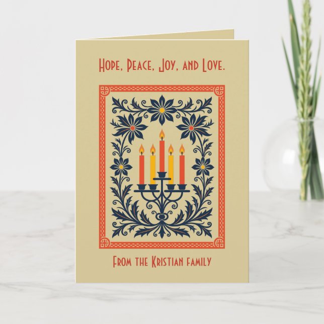 Floral Advent Candelabra Stylized Nordic Christmas Card (Front)