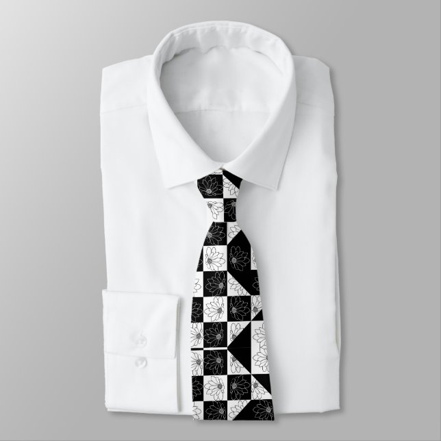 Floral Aesthetic Black & White Chequered Pattern Tie (Tied)