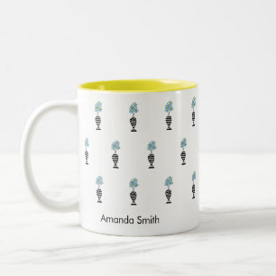 Floral African Art, Cute Blue Tropical flowers Two-Tone Coffee Mug