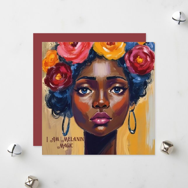 Floral Afro Woman Portrait  Holiday Card (Front/Back In Situ)