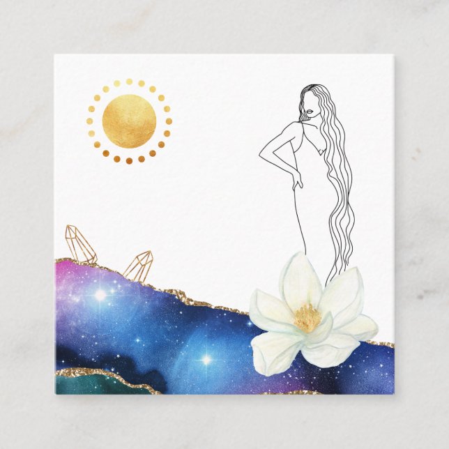 *~* Floral Agate Crystals Cosmic Gold Goddess  Square Business Card (Front)