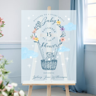 Floral Air Balloon Teddy Bear Blue Baby Shower Acrylic Sign