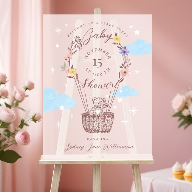 Floral Air Balloon Teddy Bear Pink Baby Shower Acrylic Sign (Floral Air Balloon Teddy Bear Pink Baby Shower Acrylic Sign)