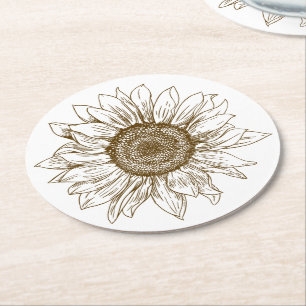Floral al Sunflower Brown Flower Country Wedding Round Paper Coaster