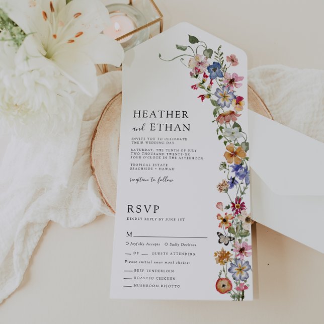 Floral All in One Wedding Invite (Colorful Floral All in One Wedding Invite with Butterfly by Painted Paperie
)