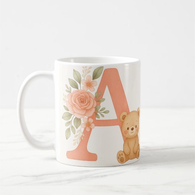 Floral Alphabet A Mug – Cute Bear Initial Mug (Left)