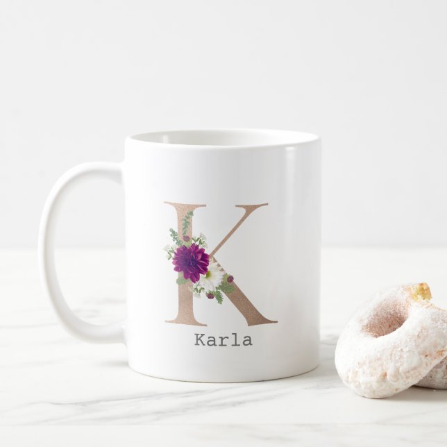 Floral Alphabet custom name letter “ K“ Coffee Mug (With Donut)