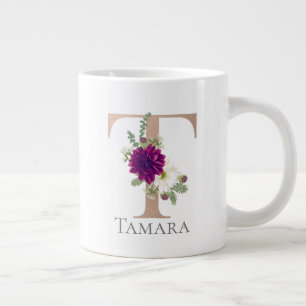 Floral Alphabet custom name letter “ T “ Large Coffee Mug