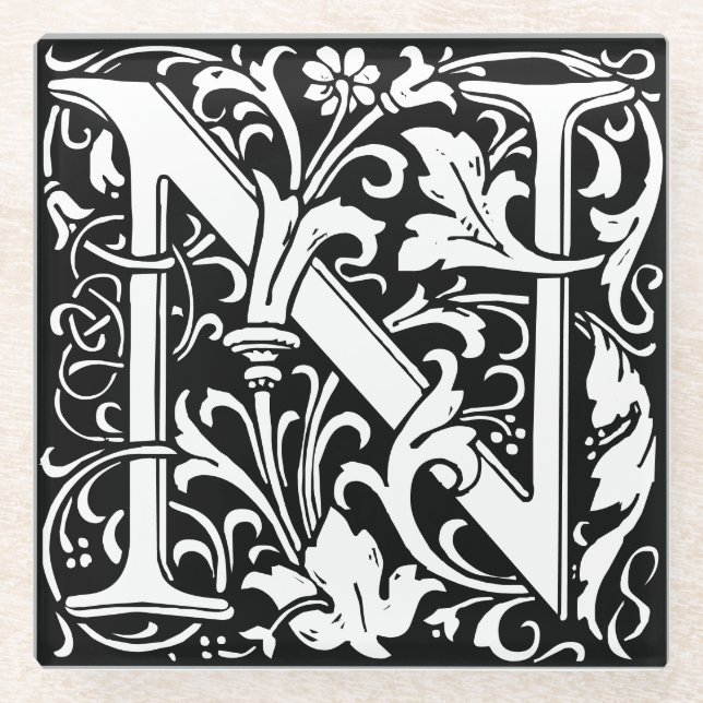 Floral Alphabet Monogram Letter N Tile Morris Glass Coaster (Front)