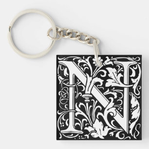 Floral Alphabet Monogram Letter N Tile Morris Key Ring