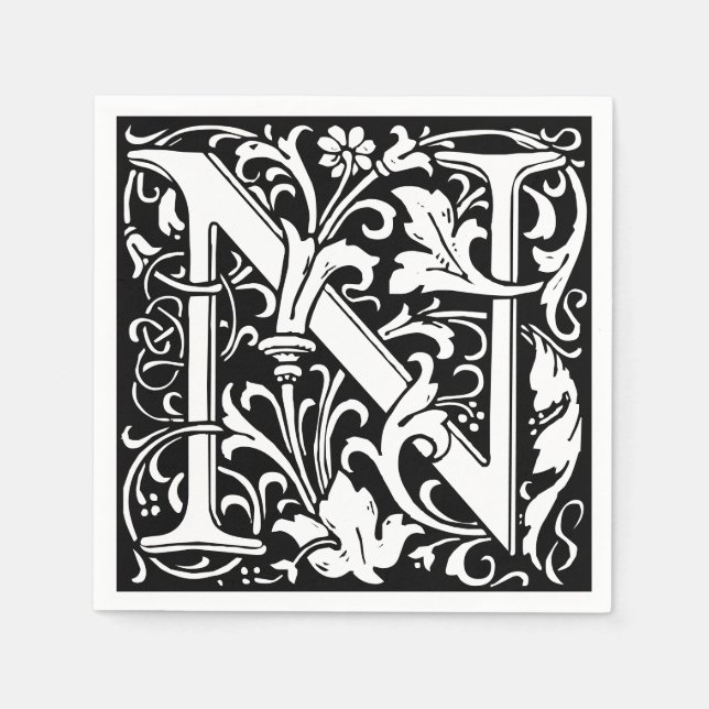 Floral Alphabet Monogram Letter N Tile Morris Napkin (Front)