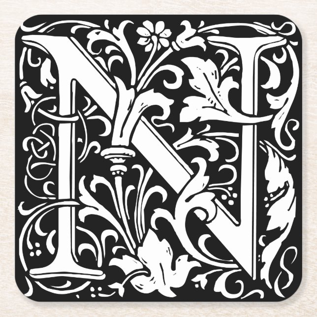 Floral Alphabet Monogram Letter N Tile Morris Square Paper Coaster (Front)
