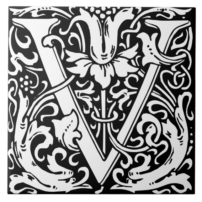 Floral Alphabet Monogram Letter V Tile (Front)