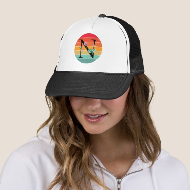 Floral Alphabet N Retro Sunset Monogram  Trucker Hat (In Situ)