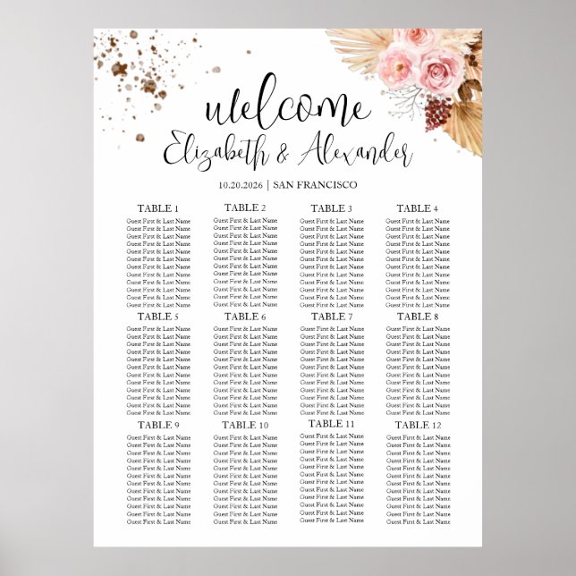 Floral Alphabetical Seating Chart Sign Board (Front)
