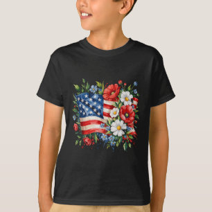 Floral American Flag Flowers 4th Of July Patriotic T-Shirt