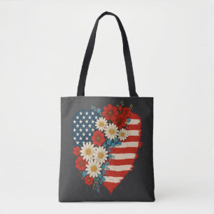Floral American Flag Heart 4th of July USA Tote Bag