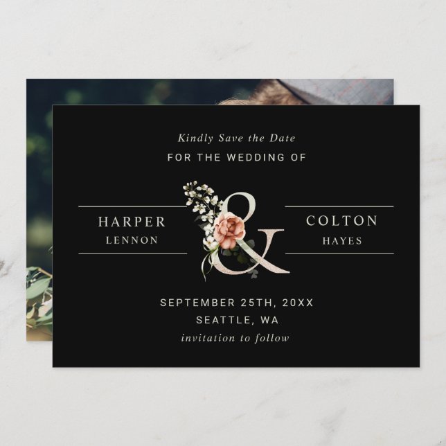Floral Ampersand Elegant Wedding Black Photo  Save The Date (Front/Back)