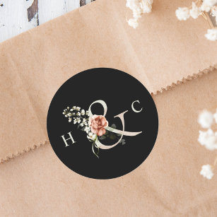 Floral Ampersand Elegant Wedding Monogram Black Classic Round Sticker